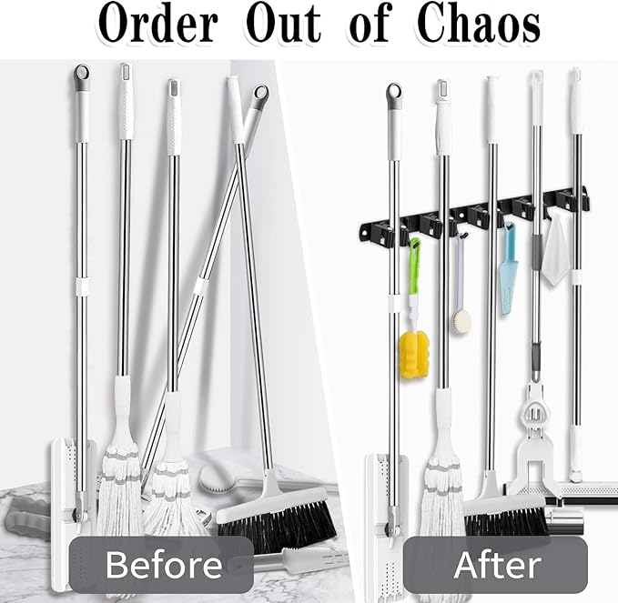 Black Broom Holder Wall Mount, 5 Racks 4 Hooks Mop and Broom Organizer | Mop Holder Wall Mount and Broom Hanger for Garage, Laundry Room, Kitchen and Utility Storage