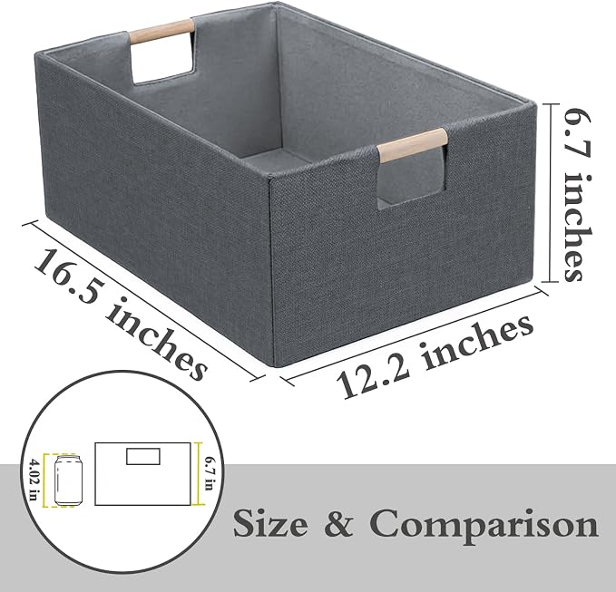 Foldable Fabric Storage Cubes, 2 Packs Cloth Storage Baskets with Wooden Handles, Collapsible Shelf Closet Organizer Bins, Rectangular Storage Boxes for Decor (Gray 2 Pack)