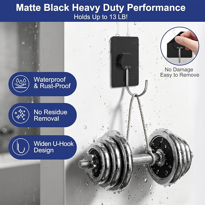 JINSHUNFA Adhesive Wall Hooks Heavy Duty No Drill Large Waterproof Hooks for Bathroom Kitchen Towel Coat 12 Pack Black