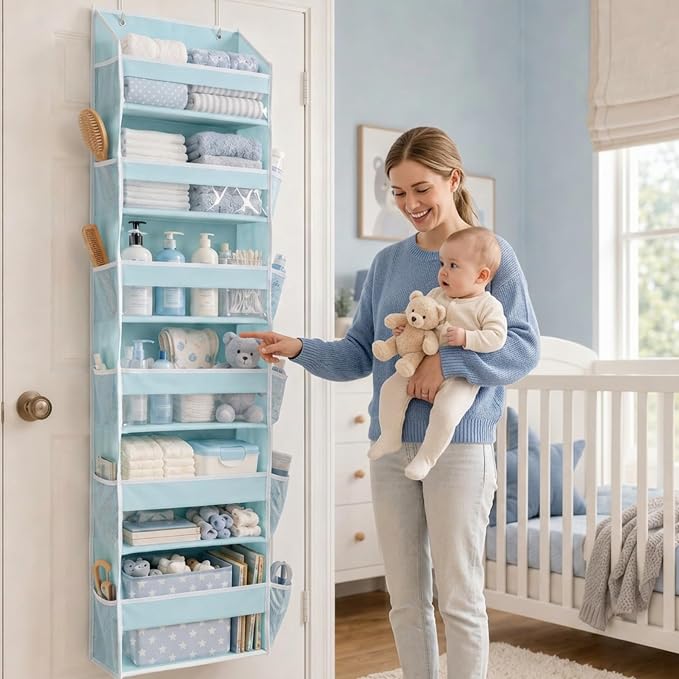 HOMELUX THEORY UPGRADED 6 Tiers Over The Door Organizer Hanging - 100D EXTRA THICK & 50lbs HUGE CAPACITY, 12 Side Mesh Pockets Over The Door Shoe Organizer, Hanging Closet Organizer (Baby Blue, 1pc)