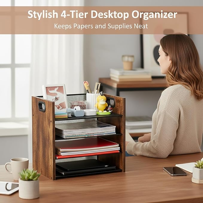 Desk Organizer, 4 Tier Desktop File Organizer and Paper Tray Organizer, Office Desk Accessories for Mail, Documents, Papers, Notebooks and Home Office Storage