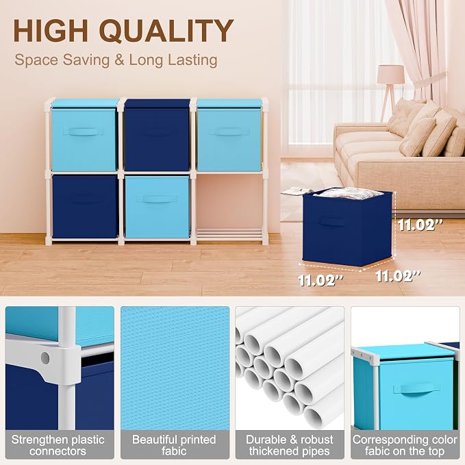 Briwooody 6 Cube Storage Organizer Storage Bins Shelf,Dark Blue,Light Blue