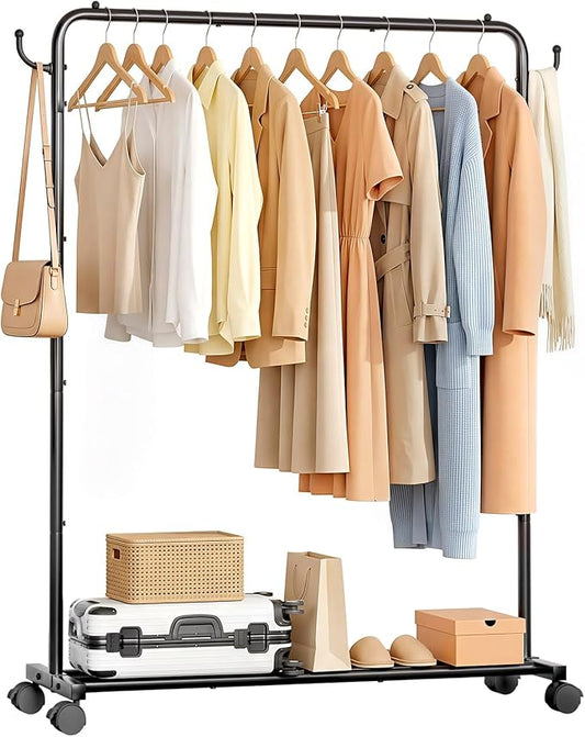 Homde Portable Clothes Rack for Bedroom: 4 Lockable Wheel Move Room-to-Room | Laundry to Closet in 1 Smooth Roll - No Heavy Lifting for Renters & Movers - 88 lbs Hanging Rod for Garment Coat to T-Shirt