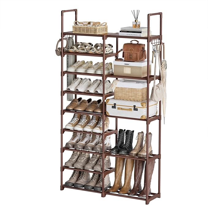 WOWLIVE 9 Tier 2-Column Shoe Rack, 30-35 Pairs Stackable Brown | Compact 33.75in long fits narrow spaces. Removable layers for boots/heels. Split design for flexible layout.