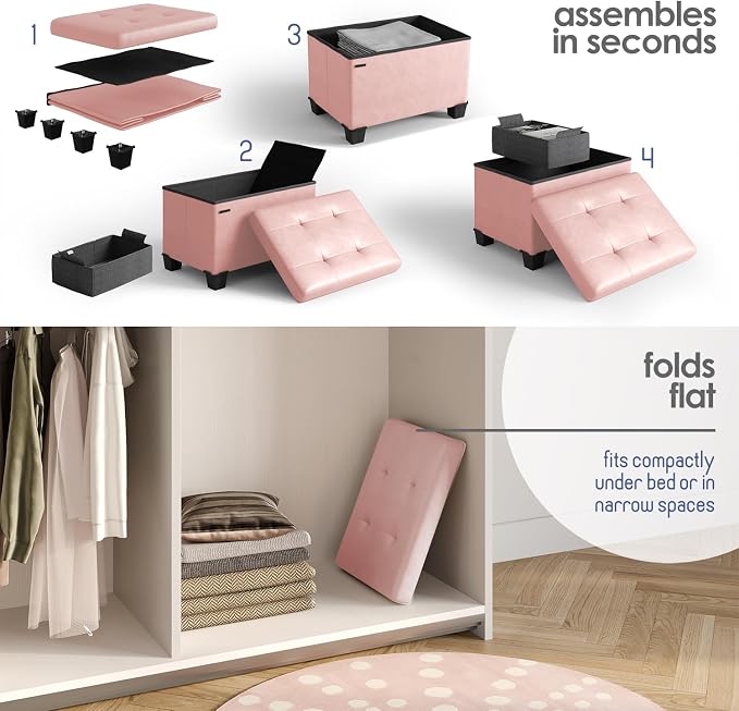 Storage Ottoman Cube with Small Bin, 16-in Square Ottoman with Storage for Living Room and Bedroom, Small Ottomans Foot Rest, Leather Foot Stools Ottomans Max 330lbs, Pink