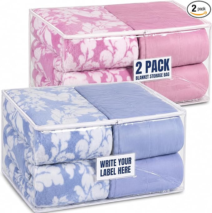 Masirs Clear Blanket Storage Bag (2-Pack) - Vinyl Clothing Organizers with Zipper & Label Pocket - Protects from Dust, Moisture & Dirt - Ideal for Underbed Storage Sheets, Comforters & Bedding