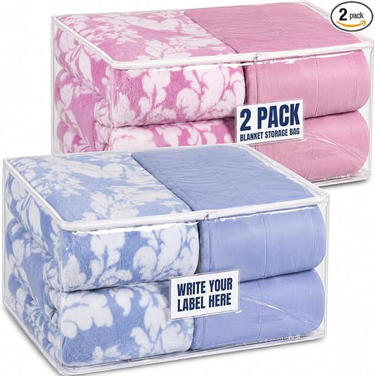 Masirs Clear Blanket Storage Bag (2-Pack) - Vinyl Clothing Organizers with Zipper & Label Pocket - Protects from Dust, Moisture & Dirt - Ideal for Underbed Storage Sheets, Comforters & Bedding