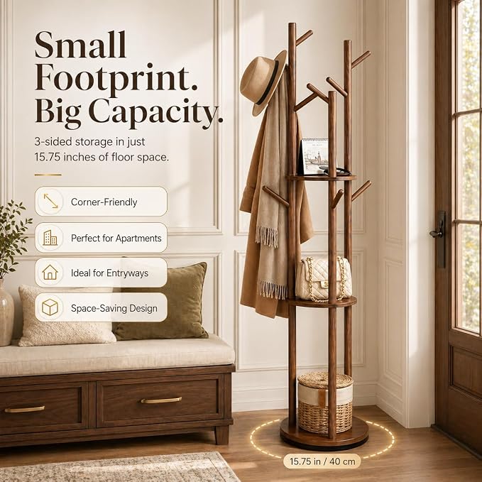 Solid Wood Rotating Coat Rack Freestanding, 360° Coat Tree with 3 Shelves & 9 Hooks, Heavy Duty Rubberwood Coat Hanger Stand, Hat Rack Hall Tree for Entryway Bedroom Office Hallway, Walnut