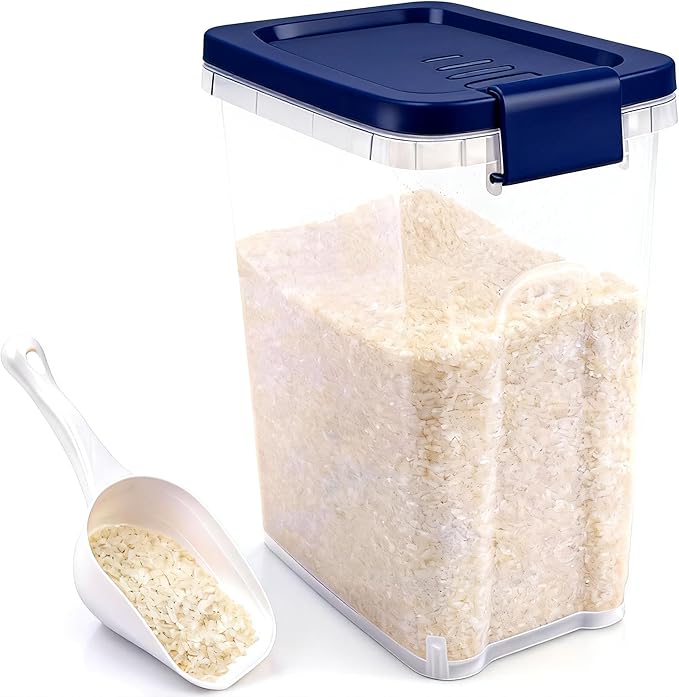 Tight-Lock Rice Container 10-15 Lbs, Airtight Flour Container Dry Food Bin | Plastic Food Container with Scoop, Dry Food Storage Bin Dispenser for Cereal, Sugar, Kitchen, Pantry Organizers and Storage