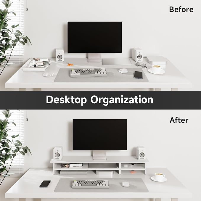 Fenge Monitor Stand, Desk Computer Riser with Frosted Storage Drawer, White | 42.5 Inch Dual Monitor Riser, 2 Tiers, Cable Management, Desk Shelf for 2 Monitors, Ultrawide Screen, Laptop, TV, Home Office