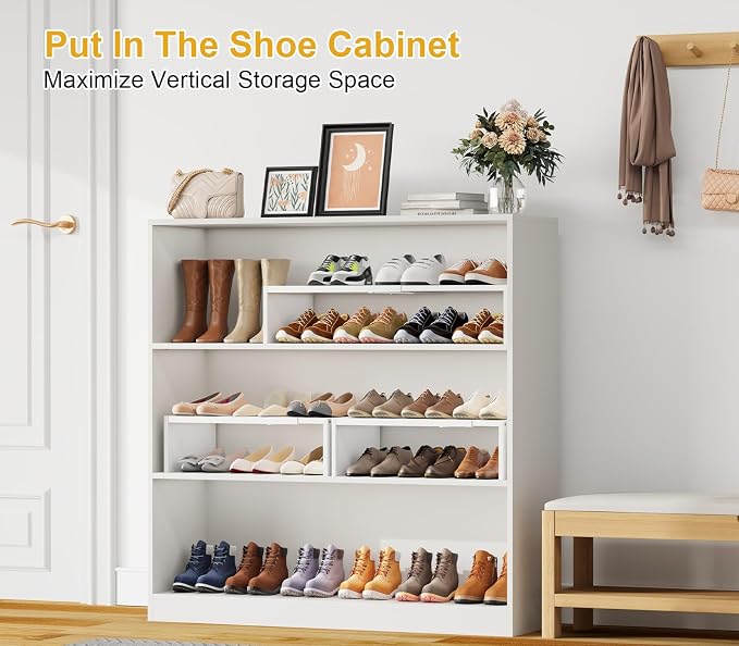 Cidaziya 2 Pack Expandable 1 Tier Shoe Rack for Shoe Cabinet, 1 Tier Stackable White Shoe Shelf Organizer for Closet, Sturdy Metal and Wood Structure, Hold 12-16 Pairs of Shoes