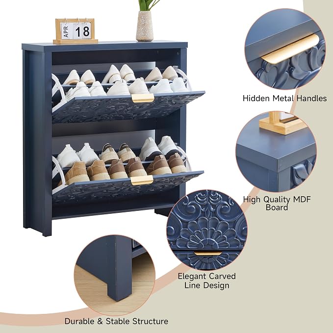 weselon Flip Drawer Shoe Cabinet Set of 2, Narrow Shoe Storage Cabinet, 2-Tier Hidden Shoe Organizer with Carved Floral for Entryway, Slim Shoes Storage for Hallway Foyer (2, Midnight Blue)