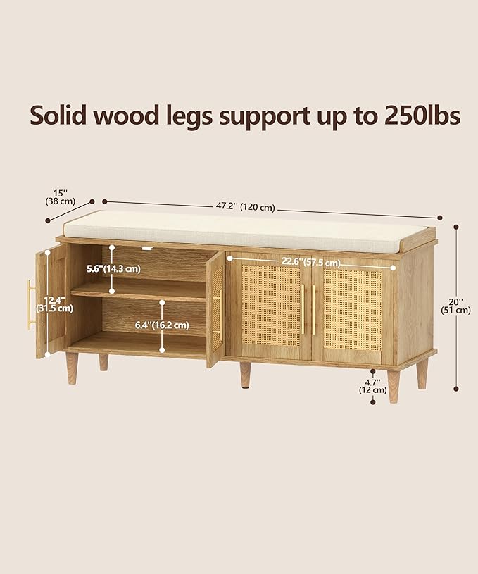 Akxomel 47.2" Rattan Shoe Storage Bench 4 Doors Wooden Entryway Bench Oak | 2 Tier Shoe Bench with Padded Cushion, Adjustable Shelves and 4 Doors, Solid Wood Legs, for Hallway, Living Room, Bedroom