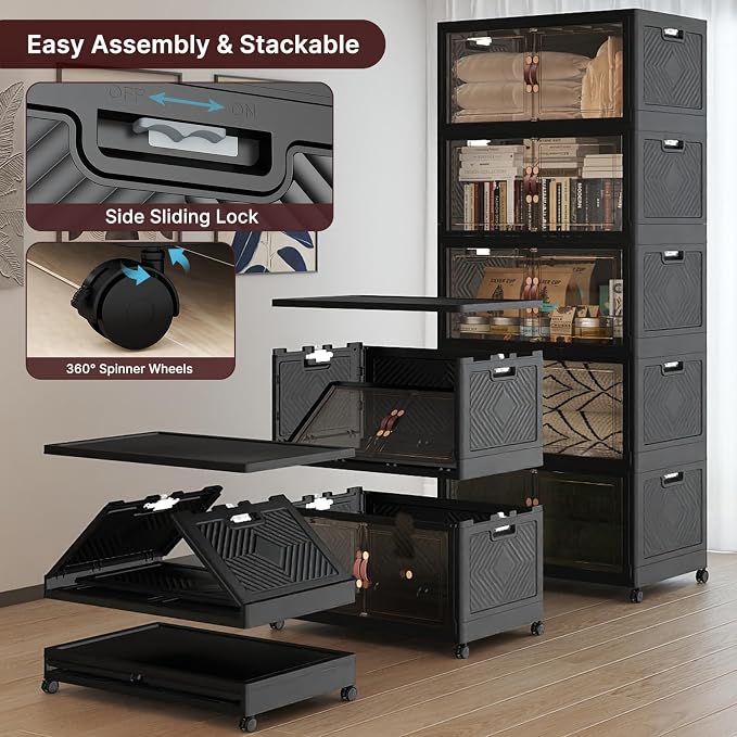 UAMFURI Stackable Storage Bins with Lids, 900QT Lockable Storage Cabinet | Folding Storage Box with Doors and Wheels, Collapsible Plastic Drawers for Home, Garage, Office