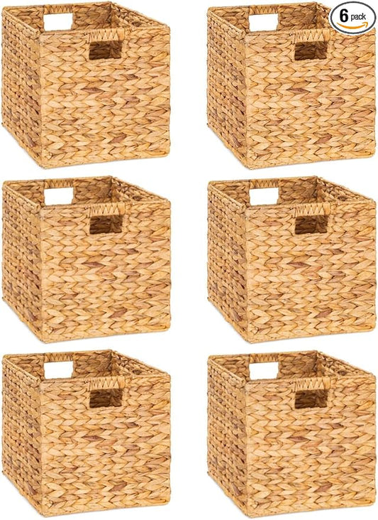 M4DECOR 10.5 x 10.5in Wicker Storage Baskets for Shelves, Water Hyacinth Storage Baskets, Woven Baskets for Storage, Wicker Storage Basket for Bedroom, Living Room (6 Packs 10.5x10.5in)