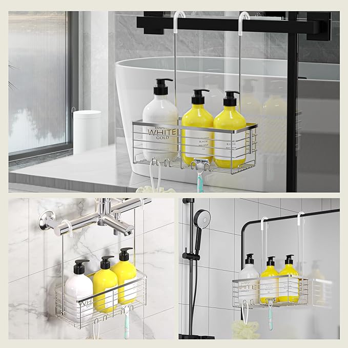 DELLAN Hanging Shower Organizer, Shower Rack with Hooks Over the Door | Bathroom Shower Caddy and Basket