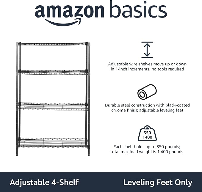 Amazon Basics 4-Shelf Adjustable Heavy Duty Steel Wire Rack Storage Shelving, Sturdy Garage Shelving, 350 lbs Capacity Per Shelf, Easy No-Tool Assembly, 36" x 14" x 54", Black