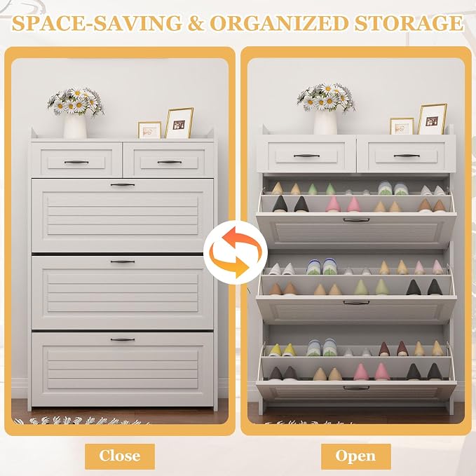 ODUWA Shoe Cabinet with 3 Flip Drawers and 2 Storage Drawers, Shoes Organizer Cabinets with Adjustable Divider, Hidden Shoe Storage Cabinet for Entryway, Hallway, Living Room, White