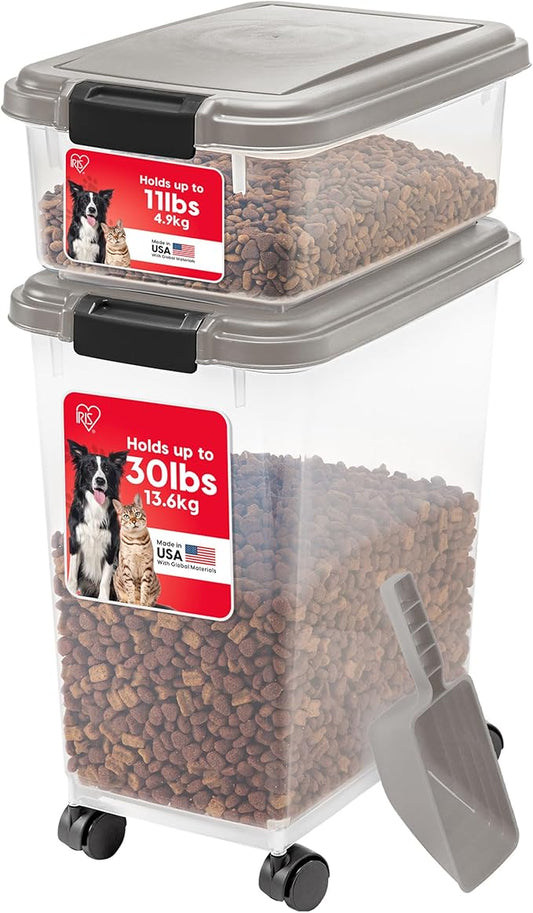 IRIS USA Airtight Dog Food Storage Container Combo, 30 lb & 11 lb Bin | Stackable food storage system includes scoop and wheels to keep kibble, treats, and pet food fresh and organized.