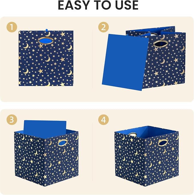 Posprica 11x11x11 Storage Cube Bins, Collapsible Storage Bins Fabric Storage Cubes Organizer Baskets Box Drawers for Shelves, Closet, Wardrobe, Bookshelf, Cabinet Blue-Moonstar, 4 Pack