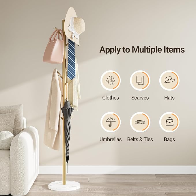 Coat Rack Freestanding, Metal Coat Rack with Natural Marble Base, Gold | 10 Hooks, 3 Adjustable Heights, Heavy Duty Coat Tree for Bags, Clothes, and Hats for Entryway, Bedroom, Hallway, Office