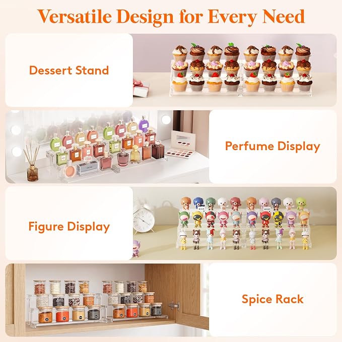 Lifewit Spice Rack, Perfume Cologne Organizer, Cupcake Stand, Tool-Free Assembly, Display Riser Shelf, Seasoning Figurine Makeup Holder, Room Decor, Kitchen Cabinet Storage, Clear, 14in-3 Tier, 1 Pcs