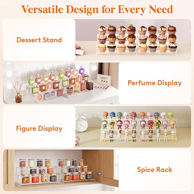 Lifewit Spice Rack, Perfume Cologne Organizer, Cupcake Stand, Tool-Free Assembly, Display Riser Shelf, Seasoning Figurine Makeup Holder, Room Decor, Kitchen Cabinet Storage, Clear, 12in-3 Tier, 1 Pcs