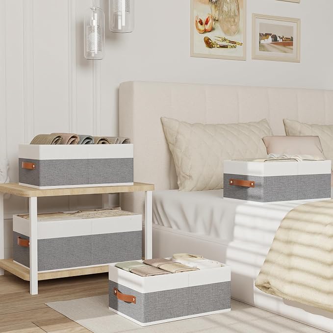 Fabric Storage Boxes,16.1×9.8×6.5In,White/Grey Bins,4Pack | Storage Baskets with Handles,Collapsible Clothing Bins,Fabric Drawers,Closet Organizer for Shelves Wardrobe Bedroom