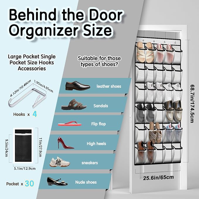 Kotkn 30 Compartment Breathable Mesh Pocket Over the Door Hanging Over the door shoe organizer Shoe rack Over door shoe organizer Hanging shoe organizer (White, 30)