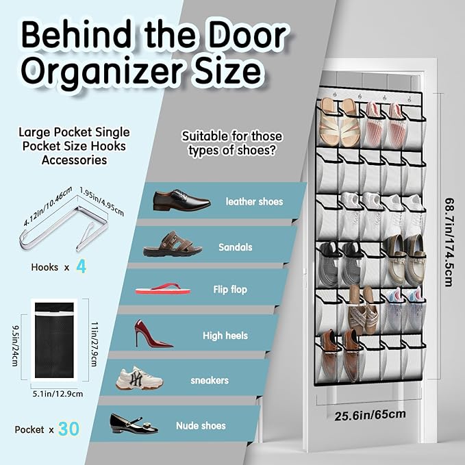 Kotkn Over the Door Shoe Organizer with 30 Breathable Mesh Pockets (2PC-White)