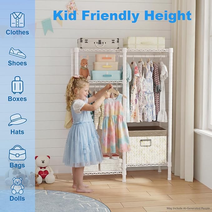 F1 Garment Rack for Kids, 4 Tiers Closet System Hold 410lbs, White | Clothing Rack for Baby and Children's Room, Small Freestanding Clothes Racks with 2 Hanger Rods, 31.2"W x 11.8"D x 48"H