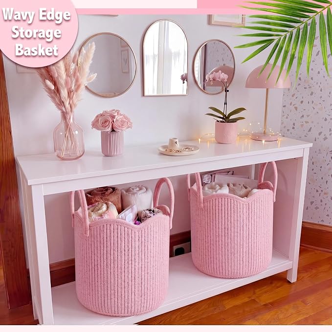 Newtay Pink Scalloped Woven Blanket Basket 12" x 12" x 12" Cotton Rope Laundry Basket Hamper Cute Round Decorative Storage Bin with Handles for Baby Nursery Living Room Bedroom Bathroom