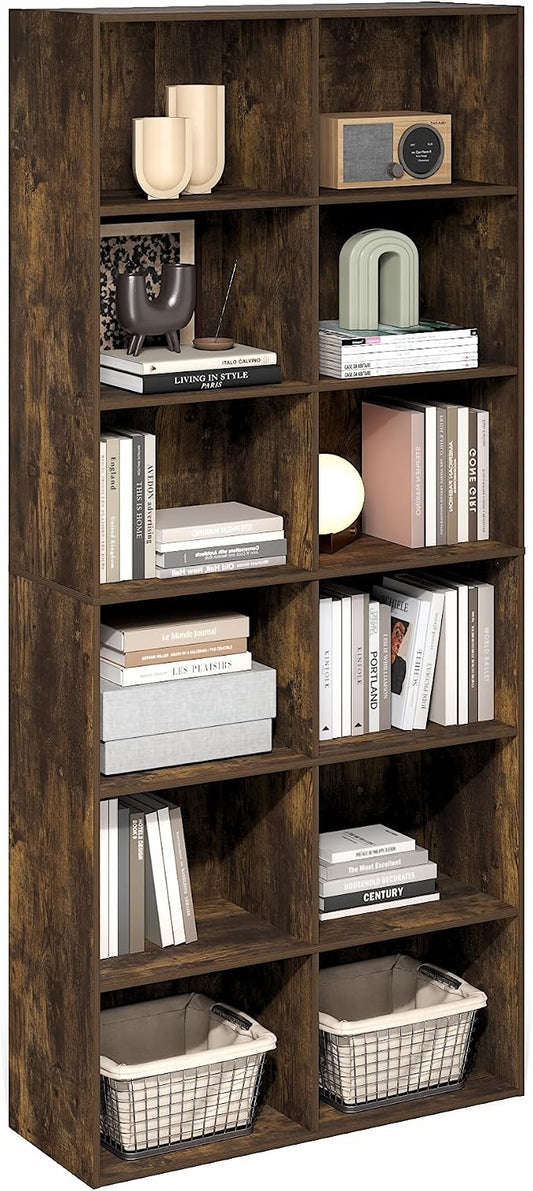 Furinno Basic Book Shelf, 12-Cube Bookshelf, Bookcase with Open Shelf, Cube Storage Organizer, 12 x 32 x 71, for Living Room, Home Office, Amber Pine