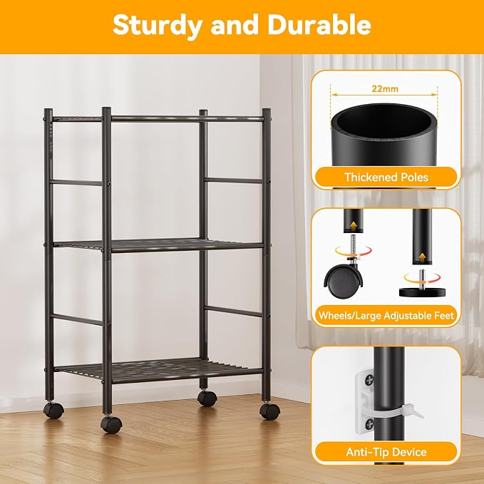 BolDuck 3 Tier Shelf Organizer Rack, Metal Shelving Unit with Wheels/Leveling Feet, Space-Saving Storage Shelves for Closet Laundry Bathroom Kitchen Pantry, 18.11" Wx12.6 Dx31.5 H