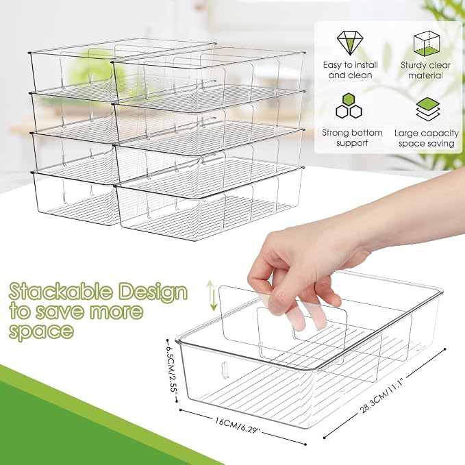 ZIZOTI Snack Organizer for Pantry Shelf, 8 Pack Clear Plastic Pantry Storage Bins with 3 Dividers for Snacks, Spices, Chips Food Organizer, Stackable Pantry Organizers for Kitchen, Fridge, Cabinet