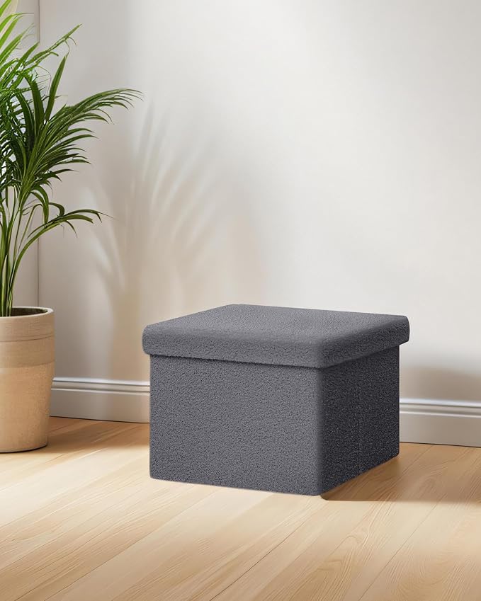 Small Ottoman with Storage, Sherpa Storage Ottoman Cube, Boucle Folding Foot Rest for Dorm, Living Room, Bedroom, Grey, 16.5"x12.6"x12.6"