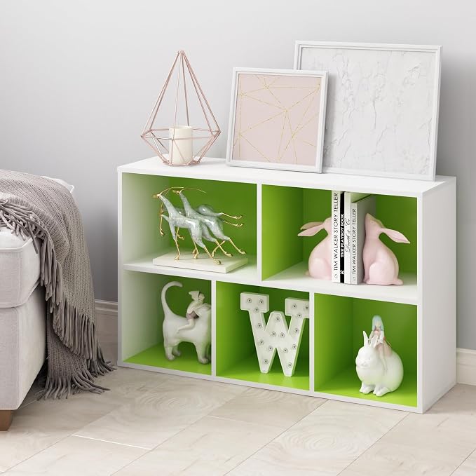 Furinno LUDER Book Shelf, 5-Cube Bookshelf, Reversible Bookcase, 9.4 x 19.5 x 31.5, Easy Assembly, for Living Room, Bedroom, Home Office, White/Green