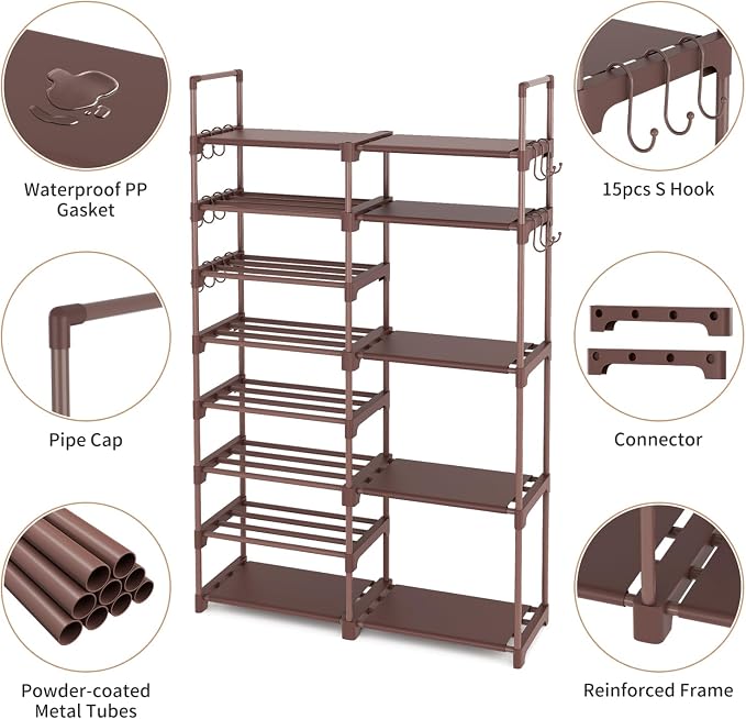 ROJASOP Shoe Rack Organizer, 8-Tier Metal Shoe Rack for Closet Entryway Garage, 26-32 Pairs Tall Shoe Boot Storage Shelf with 15 Hooks, Stackable Large Shoe Stand, Brown