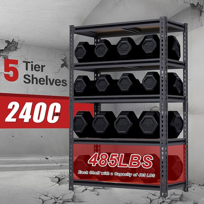 Garage Storage Shelves 2PCS, 60'' H Shelving Units and Storage, 2400 LBS Heavy Duty Shelving, Metal Garage Shelves for for Basement, Warehouse, Pantry, Closet, Kitchen 12" x 28'' x 60''