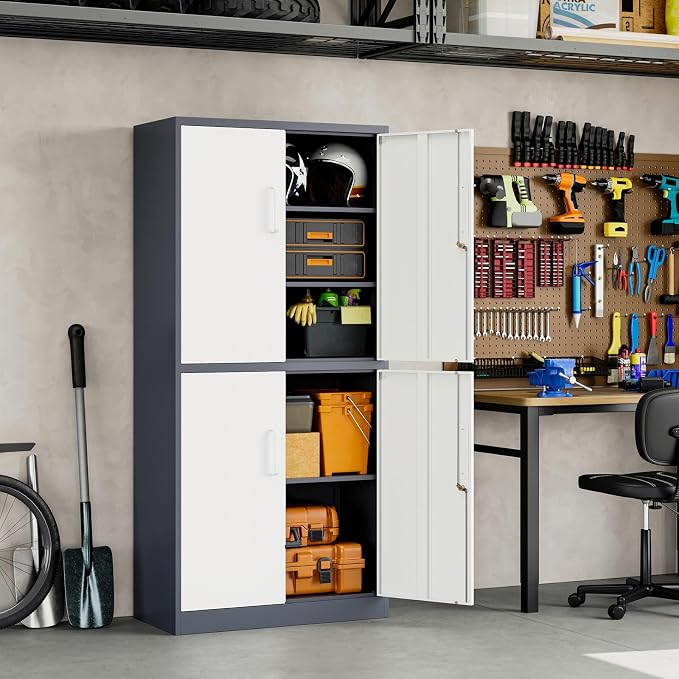 Yizosh Metal Storage Locking Cabinet with 4 Doors and 2 Adjustable Shelves,71" Lockable Garage Tall Steel Cabinet,for Home Office,Living Room,Pantry,Gym,Commercial Storage (Gray White)