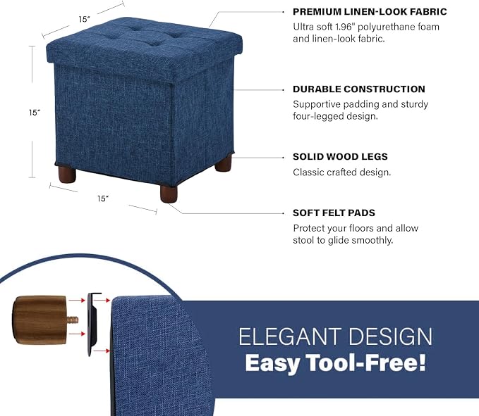 15 Inch Storage Ottoman with Wooden Legs - Cube Foot Rest Stool, Square Footstool, Comfortable Seat with Lid, Foldable Fabric Ottoman, Space-Saving Navy