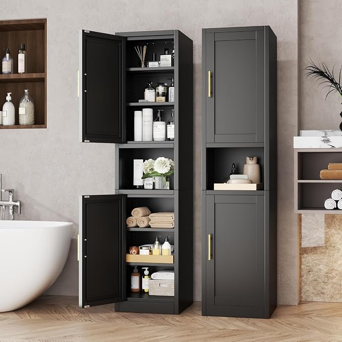 Tall Metal Narrow Bathroom Storage Cabinet 67" H, Tall Black Pantry Cabinets with 4 Adjustable Shelves and 2 Doors for Kitchen, Home Office, Living Room, Dining Room(16 inches Wide)