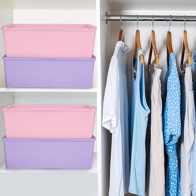 6 Pcs Large Plastic Storage Bins with Lids 14.4 x 10.4 x 5.1 Inch Stackable Storage Containers Decorative Cubby Organizer for Clothes Shelves Garage Closet Office (Pink, Purple)