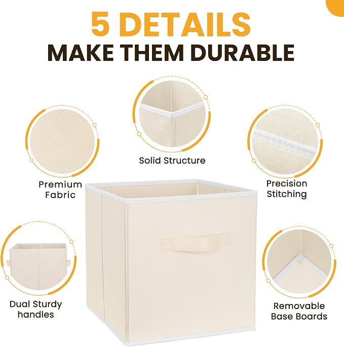 Criusia Large Storage Cubes, 13 Inch Cube Storage Bins for Shelves Closet Nursery Bedroom - 10 Pack Collapsible Storage Baskets with Handles - Fabric Bins for Organizing Magazines Clothes Toys (Beige)