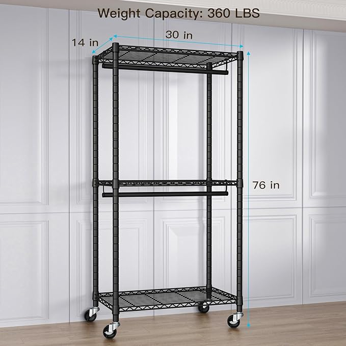 FUTASSI Heavy-Duty Portable Closet, 30"W x 14"D x 76"H, Black, Carbon Steel | Metal Rolling Clothing Rack, Closet System with Wheels and Shelves for Hanging Clothes, Portable Wardrobe Organizer Storage