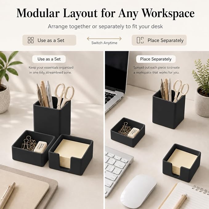 minimaliving Aesthetic Silicone Desk Organizer Set of 3,Modern Office Desk Accessories with Pen Holder,Paperclip Tray,Sticky Note Holder,Stylish Functional Office Desk Decor for Back-to-school(Black)