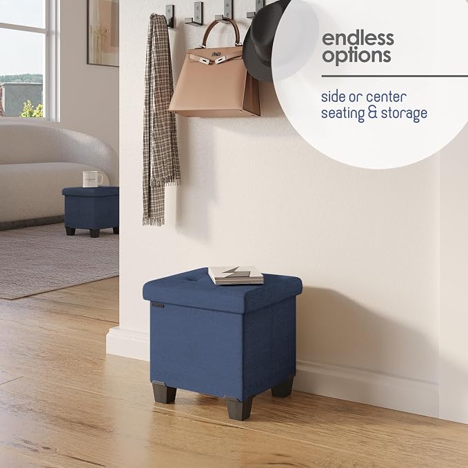 Storage Ottoman Cube with Small Bin, 15-in Square Ottoman with Storage for Living Room and Bedroom, Small Ottomans Foot Rest, Fabric Foot Stools Ottomans Max 330lbs, Blue