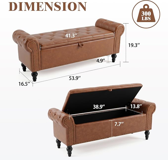 55" Storage Bench for Bedroom, Upholstered Ottoman Bench, Leather Brown | End of Bed Bench for Bedroom, Window Benches for Living Room, Entryway, Ottoman with Large Storage Space, Pet Friendly