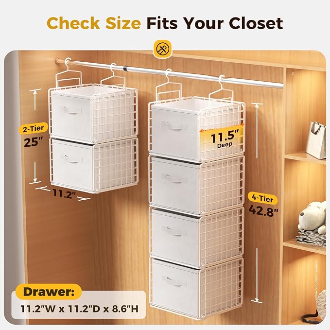 4 Tier Hanging Closet Organizer with 4 Drawers, White | Metal Hanging Shelves with 4 Hanging Hooks for Wardrobe Laundry Garage, No Sagging, Modular Design, Space Saving