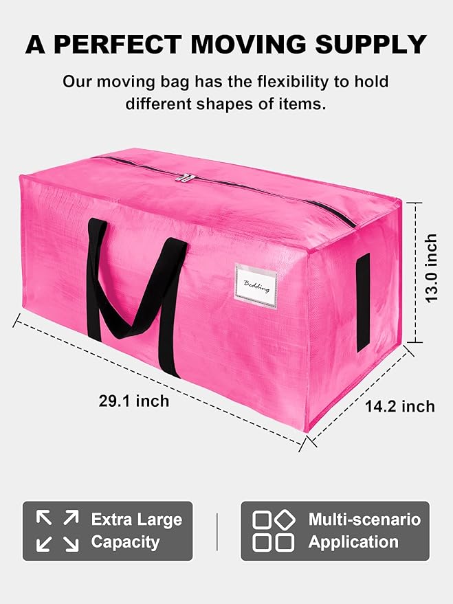HOMESURE Supports 200lbs Heavy Duty Moving Bags - Strong Zipper & Wrap-Around Handles - Water-Resistant Storage Totes, Durable Alternative to Moving Boxes - 12 Pack - Pink